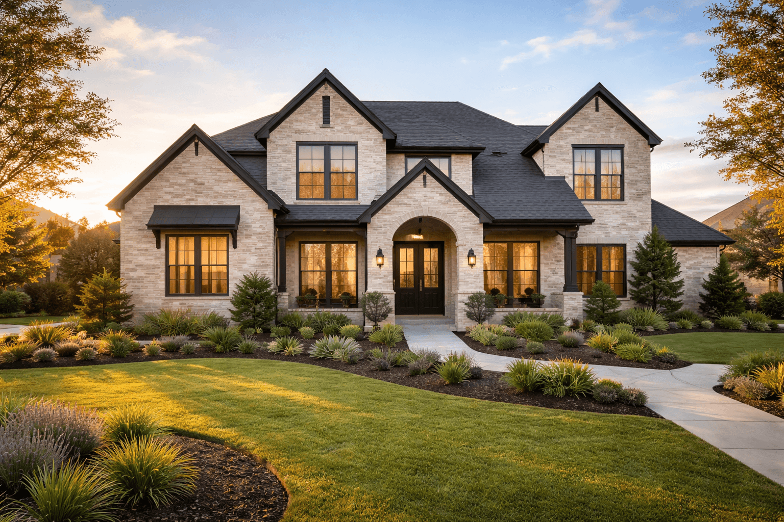 A broad view of a stone home's garden and front entrance
