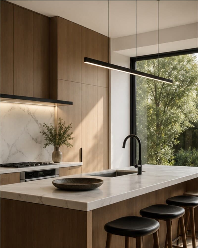 Natural wood cabinetry and a stone kitchen island