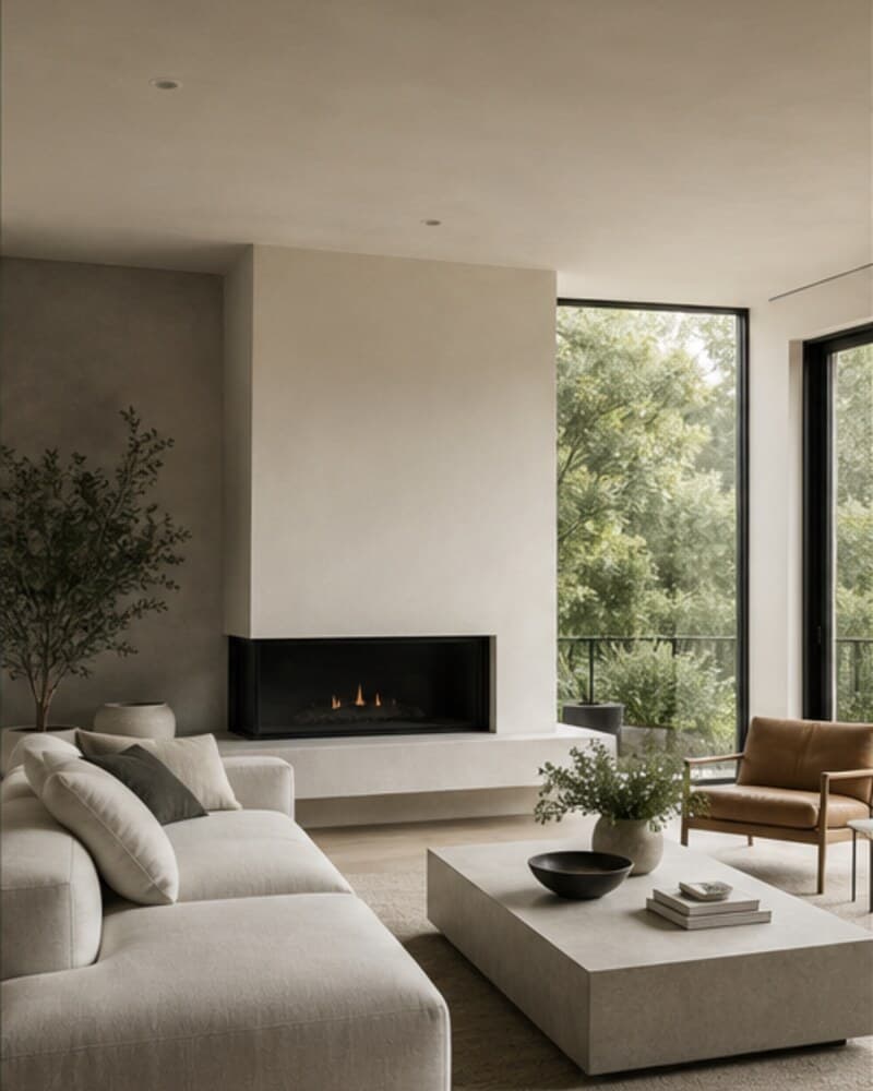 Modern living room with a fireplace and garden views