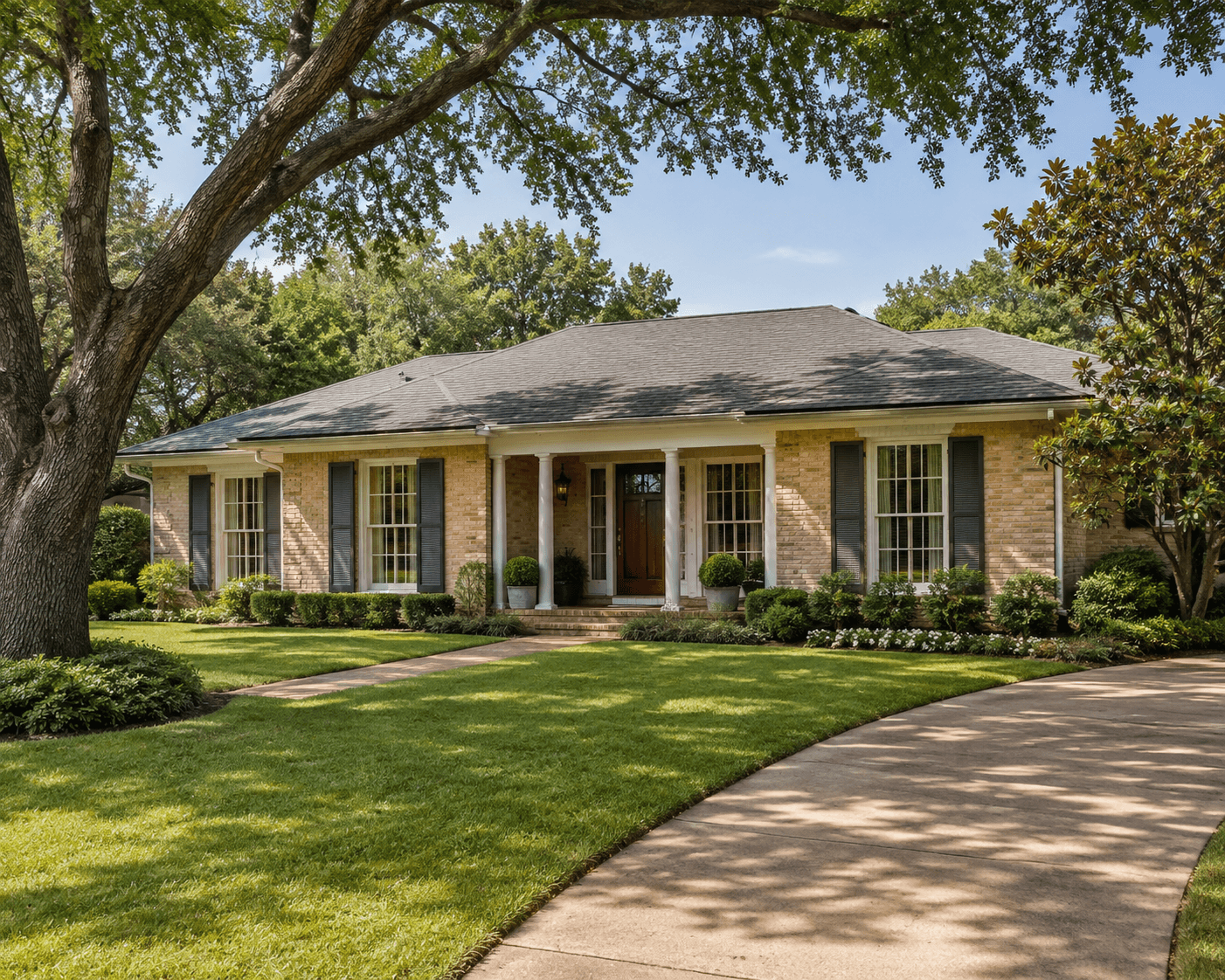 Architectural illustration of a Northwood Hills-inspired single-story brick ranch with a shaded front porch